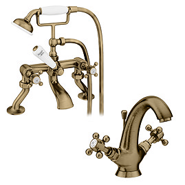 Trafalgar Crosshead Tap Package - Bath Shower Mixer & Mono Basin Tap (Antique Brass)