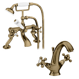 Trafalgar Crosshead Tap Package - Bath Shower Mixer & Mono Basin Tap (Antique Brass)