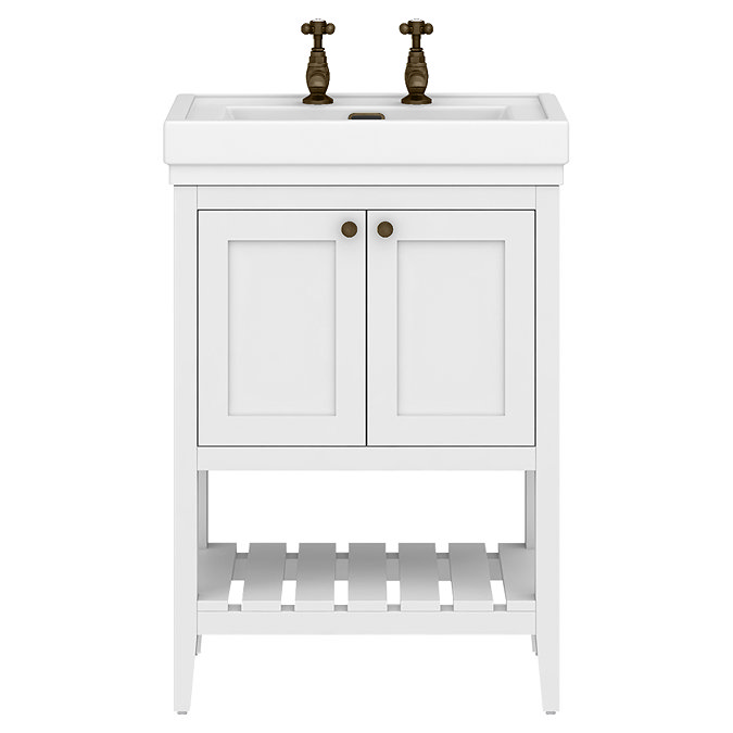 Trafalgar Freestanding Vanity Unit - 610mm White with Antique Brass Handles 2 Tap Hole