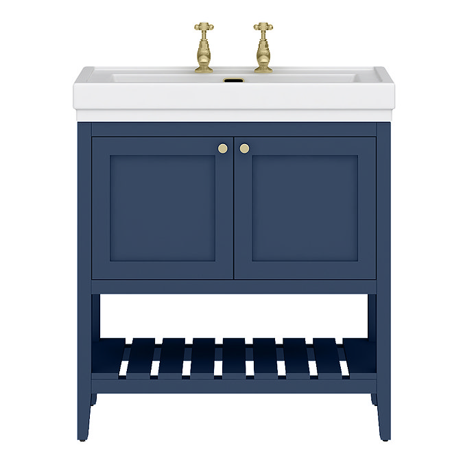 Trafalgar Freestanding Vanity Unit - 810mm Blue with Brushed Brass Handles 2 Tap Hole