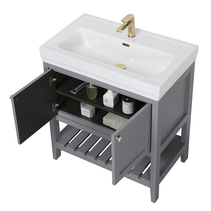 Trafalgar Freestanding Vanity Unit - 810mm Grey with Brushed Brass Handles - 1 Tap Hole