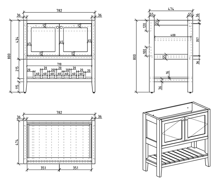 Trafalgar Freestanding Vanity Unit - 810mm White with Antique Brass Handles