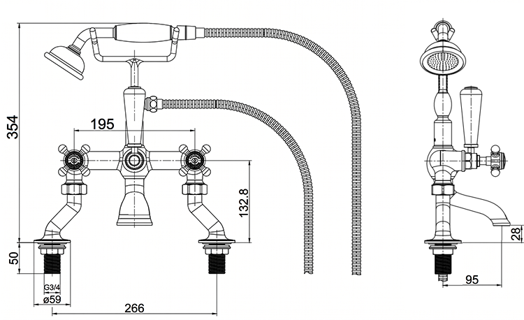 Trafalgar French Crosshead Deck Mounted Bath Shower Mixer & Shower Kit with Cranked Legs Brushed Brass