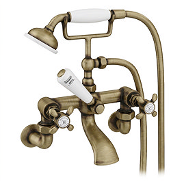 Trafalgar French Crosshead Wall Mounted Bath Shower Mixer & Shower Kit Antique Brass