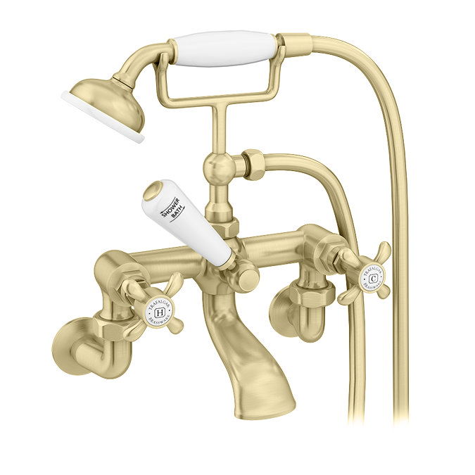 Trafalgar French Crosshead Wall Mounted Bath Shower Mixer & Shower Kit Brushed Brass