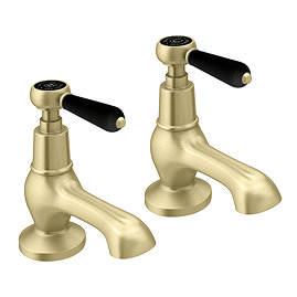 Trafalgar Lever Pillar Basin Taps (Pair) Brushed Brass with Black Levers