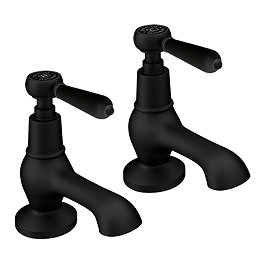 Trafalgar Lever Pillar Basin Taps (Pair) Matt Black with Black Levers