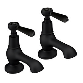 Trafalgar Lever Pillar Basin Taps (Pair) Matt Black with Black Levers