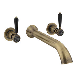 Trafalgar Lever Wall Mounted Bath Spout and Stop Taps - Antique Brass with Black Levers