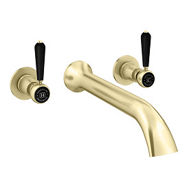 Trafalgar Lever Wall Mounted Bath Spout and Stop Taps - Brushed Brass with Black Levers