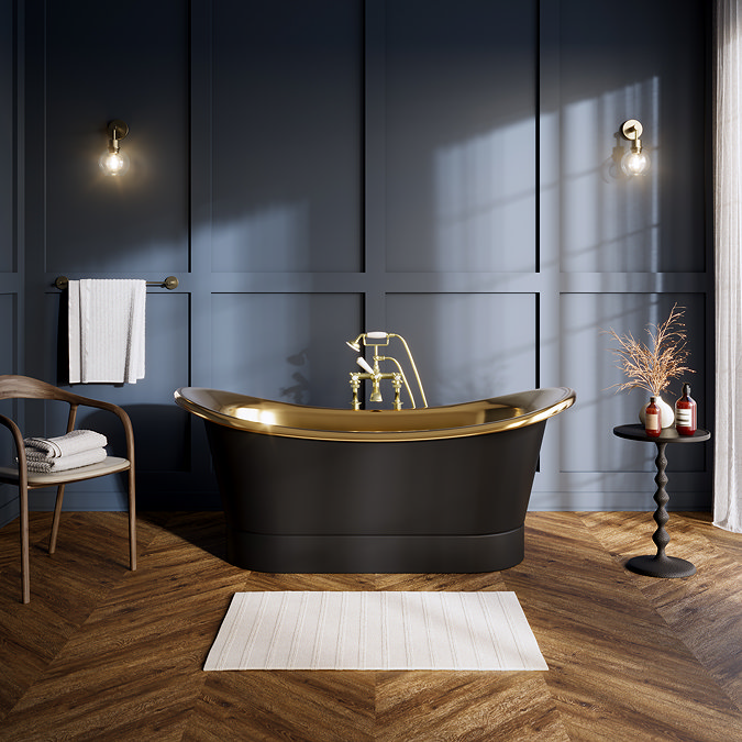 Trafalgar Matt Black 1700 x 710mm Double Ended Roll Top Slipper Bath (Polished Brass Inside)