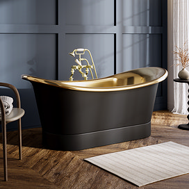 Trafalgar Matt Black 1700 x 710mm Double Ended Roll Top Slipper Bath (Polished Brass Inside)