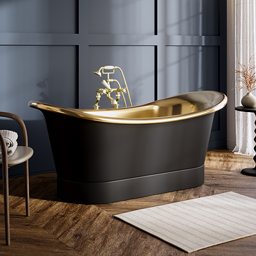 Trafalgar Matt Black 1700 x 710mm Double Ended Roll Top Slipper Bath (Polished Brass Inside) 