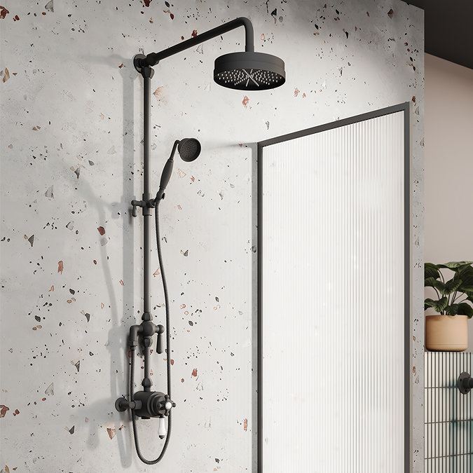 Trafalgar Matt Black Dual Exposed Shower Valve with Rigid Riser Kit, 195mm Round Head, Handshower & Diverter