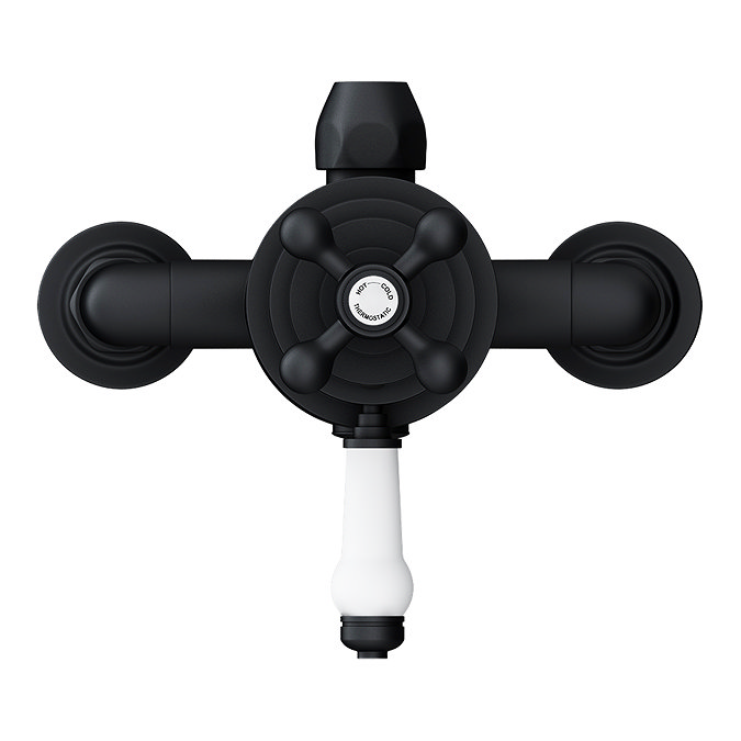 Trafalgar Matt Black Dual Exposed Shower Valve with Rigid Riser Kit, 200mm Round Apron Head, Handshower & Diverter