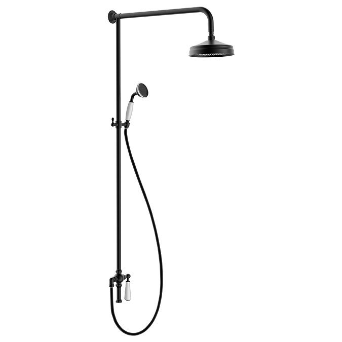 Trafalgar Matt Black Dual Exposed Thermostatic Valve with Rigid Riser Kit, 200mm Shower Head, Handshower & Diverter