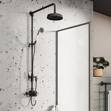 Trafalgar Matt Black Dual Exposed Thermostatic Valve with Rigid Riser Kit, 200mm Shower Head, Handshower & Diverter