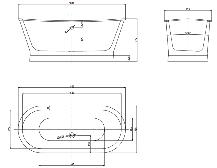 Trafalgar Roll Top Cast Iron Bateau Bath - 1800 x 800mm