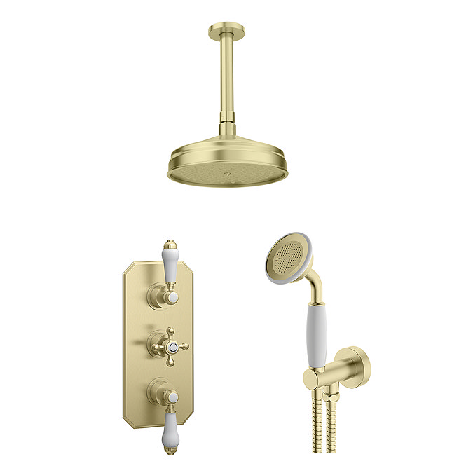 Trafalgar Traditional Brushed Brass Shower with Concealed Valve, Ceiling Mounted 8" Head + Handset