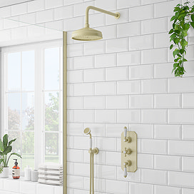 Trafalgar Brushed Brass Shower with Concealed Valve, Wall Mounted 8" Head + Handset