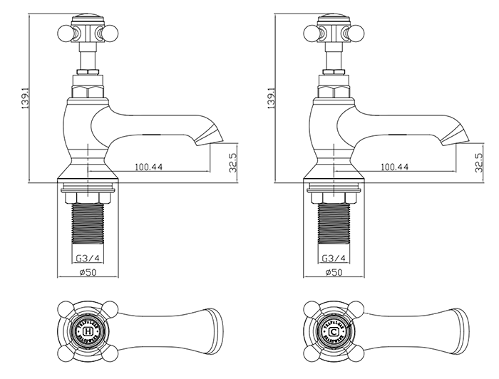 Trafalgar Traditional Crosshead Pillar Bath Taps (Pair) Chrome with Black Indices