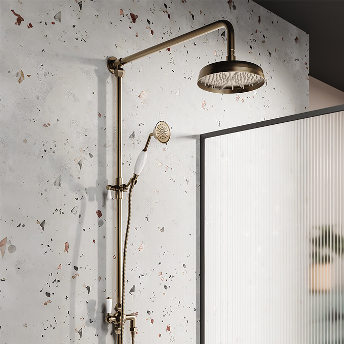 Trafalgar Traditional Rigid Riser with 200mm Round Apron Shower Head, Hand Shower and Diverter Antique Brass