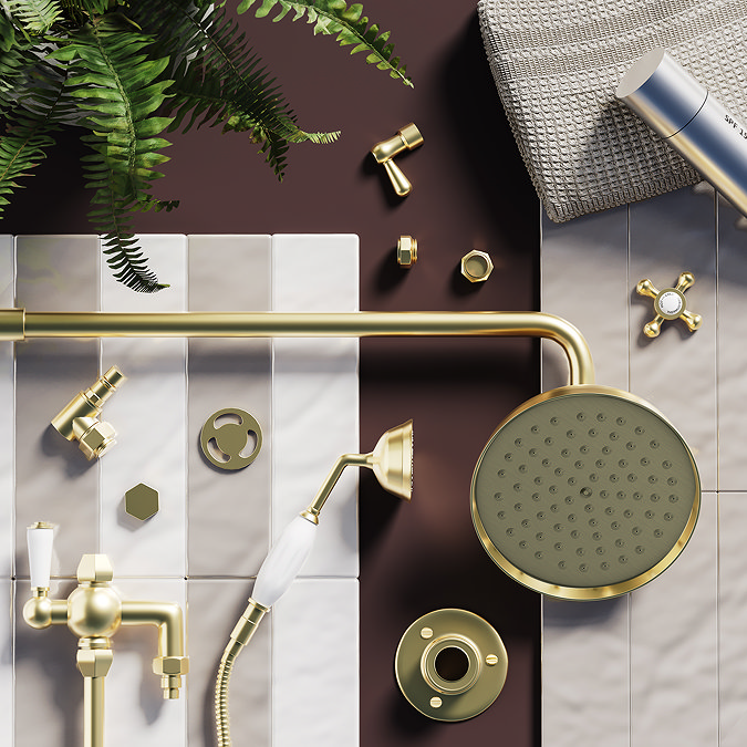 Trafalgar Traditional Rigid Riser with 200mm Round Apron Shower Head, Hand Shower and Diverter Brushed Brass