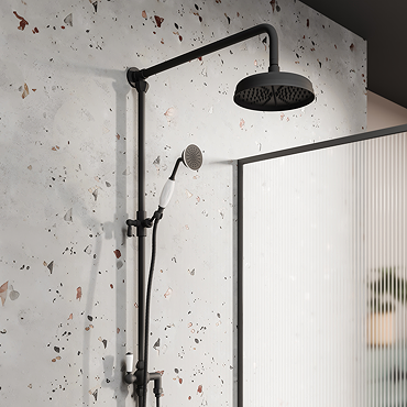 Trafalgar Traditional Rigid Riser with 200mm Round Apron Shower Head, Hand Shower and Diverter Matt Black