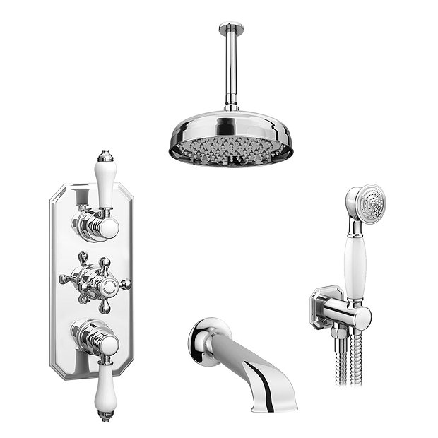 Trafalgar Traditional Shower Package with Ceiling Mounted Fixed Head, Handset + Bath Spout Large Ima