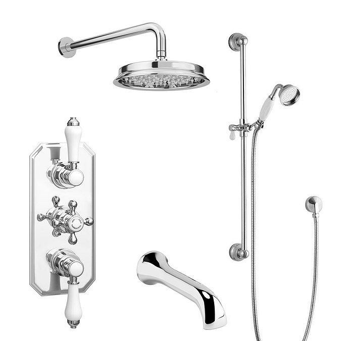 Trafalgar Traditional Shower Package with Fixed Head, Slide Rail Kit + Bath Spout  In Bathroom Large