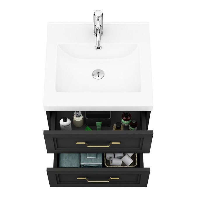 Trafalgar Wall Hung Vanity - Matt Black - 500mm 2 Drawer with Brushed Brass Handles