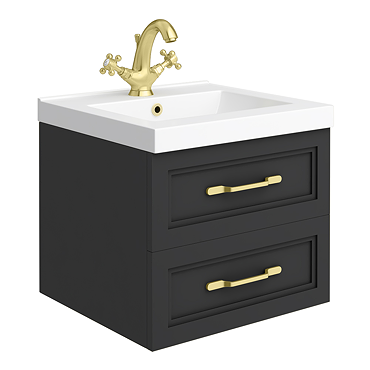 Trafalgar Wall Hung Vanity - Matt Black - 500mm 2 Drawer with Brushed Brass Handles