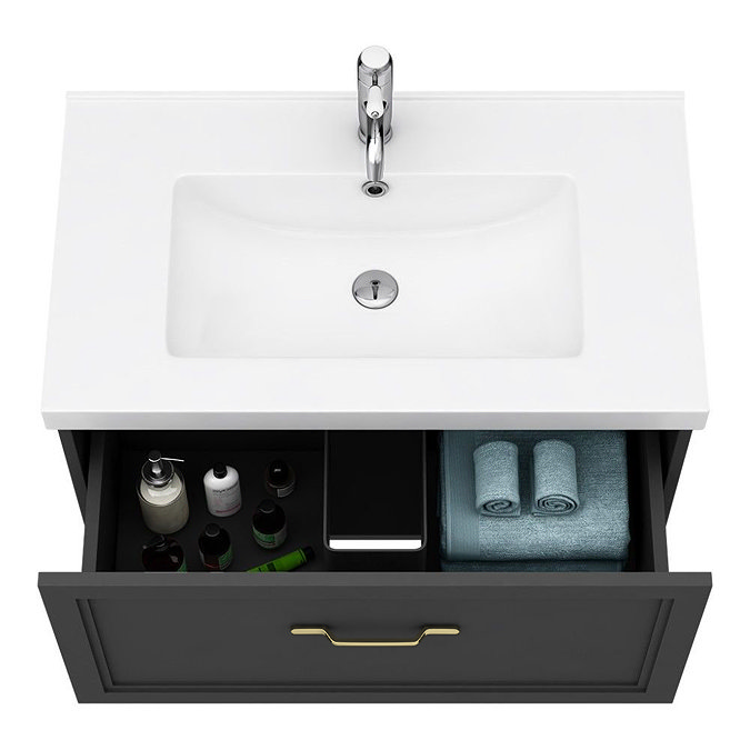 Trafalgar Wall Hung Vanity - Matt Black - 800mm 1 Drawer with Brushed Brass Handle