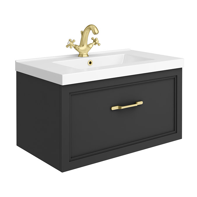 Trafalgar Wall Hung Vanity - Matt Black - 800mm 1 Drawer with Brushed Brass Handle