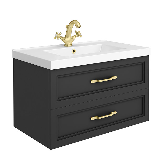 Trafalgar Wall Hung Vanity - Matt Black - 800mm 2 Drawer with Brushed Brass Handles