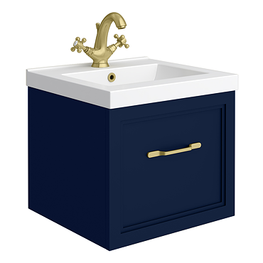 Trafalgar Wall Hung Vanity - Matt Blue- 500mm 1 Drawer with Brushed Brass Handle