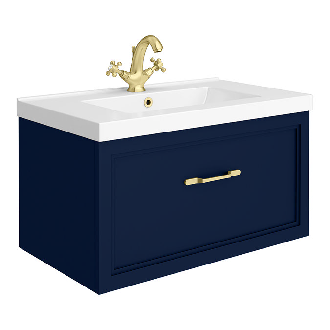 Trafalgar Wall Hung Vanity - Matt Blue - 800mm 1 Drawer with Brushed Brass Handle