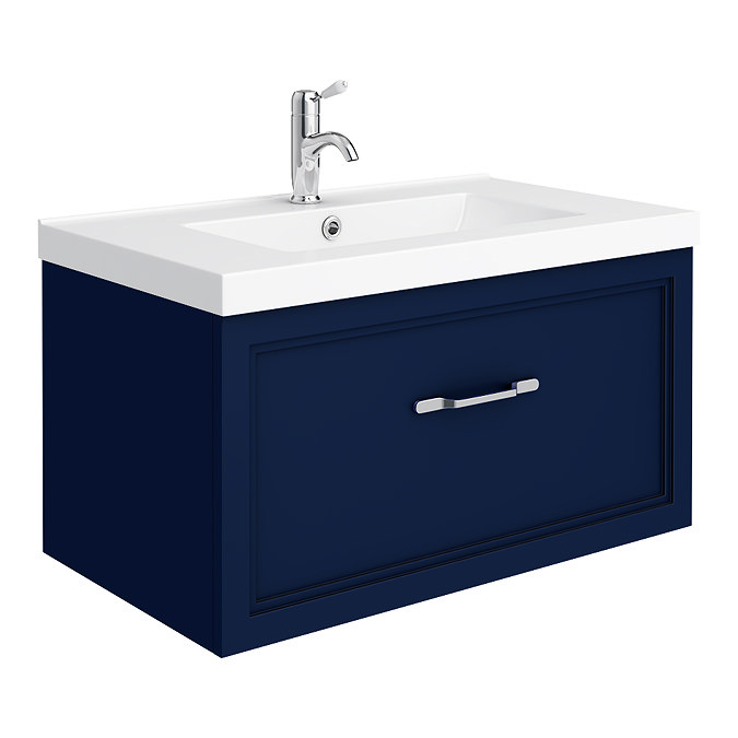 Period Bathroom Co. Wall Hung Vanity - Matt Blue - 800mm 1 Drawer with Chrome Handle Large Image