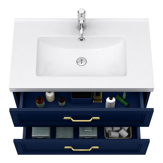 Trafalgar Wall Hung Vanity - Matt Blue - 800mm 2 Drawer with Brushed Brass Handles