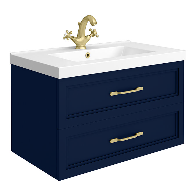 Trafalgar Wall Hung Vanity - Matt Blue - 800mm 2 Drawer with Brushed Brass Handles