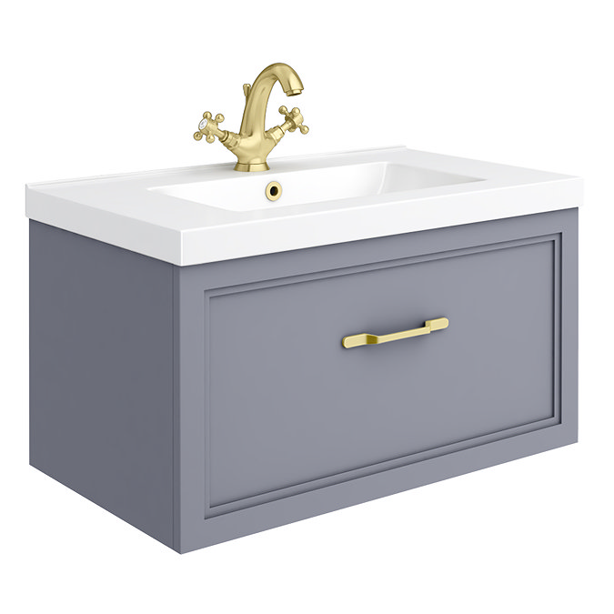 Trafalgar Wall Hung Vanity - Matt Grey - 800mm 1 Drawer with Brushed Brass Handle