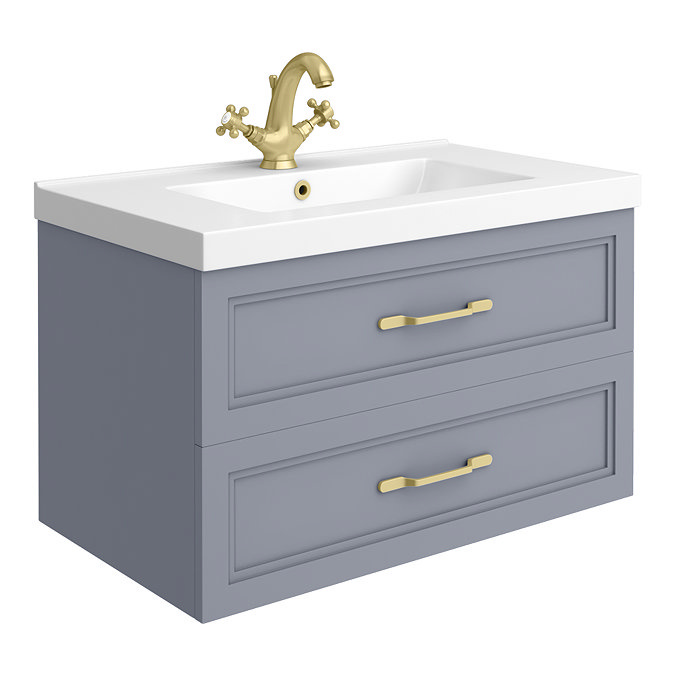 Trafalgar Wall Hung Vanity - Matt Grey - 800mm 2 Drawer with Brushed Brass Handles