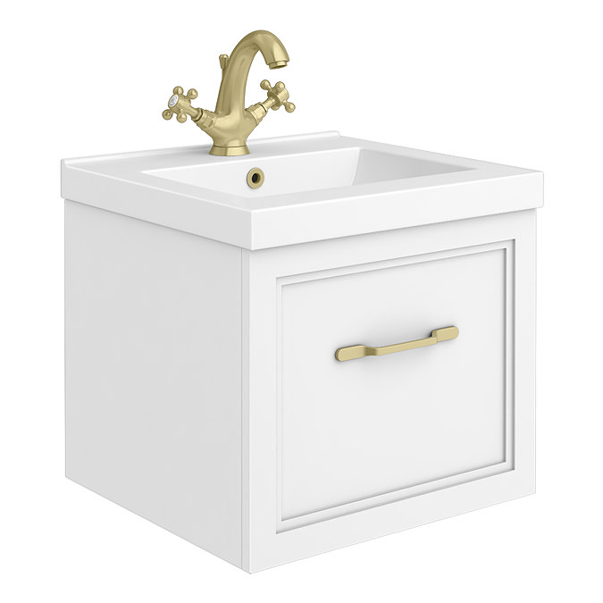 Trafalgar Wall Hung Vanity - Matt White - 500mm 1 Drawer with Brushed Brass Handle