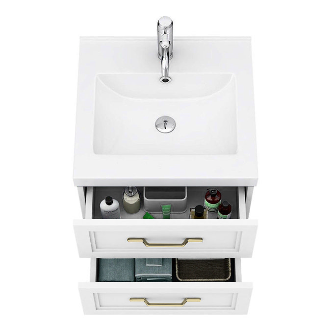 Trafalgar Wall Hung Vanity - Matt White - 500mm 2 Drawer with Brushed Brass Handles