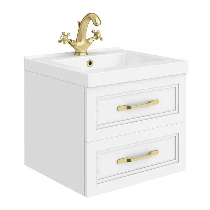 Trafalgar Wall Hung Vanity - Matt White - 500mm 2 Drawer with Brushed Brass Handles