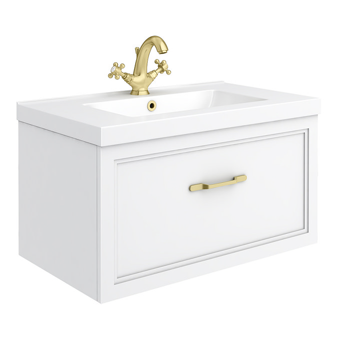 Trafalgar Wall Hung Vanity - Matt White - 800mm 1 Drawer with Brushed Brass Handle