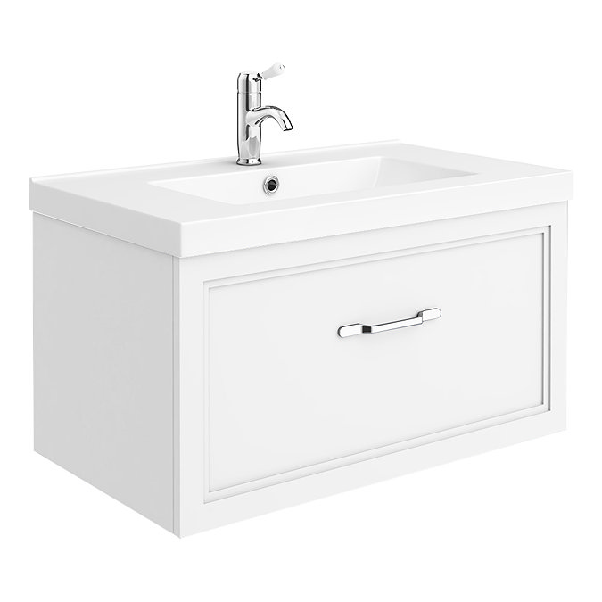 Period Bathroom Co. Wall Hung Vanity - Matt White - 800mm 1 Drawer with Chrome Handle Large Image