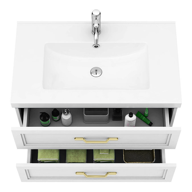 Trafalgar Wall Hung Vanity - Matt White - 800mm 2 Drawer with Brushed Brass Handles