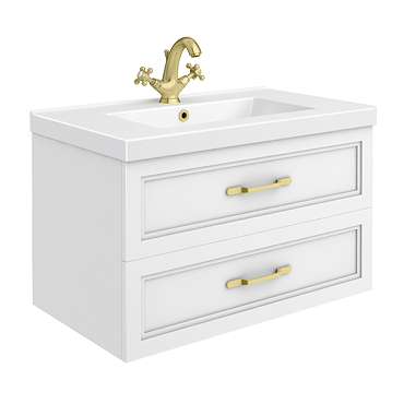 Trafalgar Wall Hung Vanity - Matt White - 800mm 2 Drawer with Brushed Brass Handles