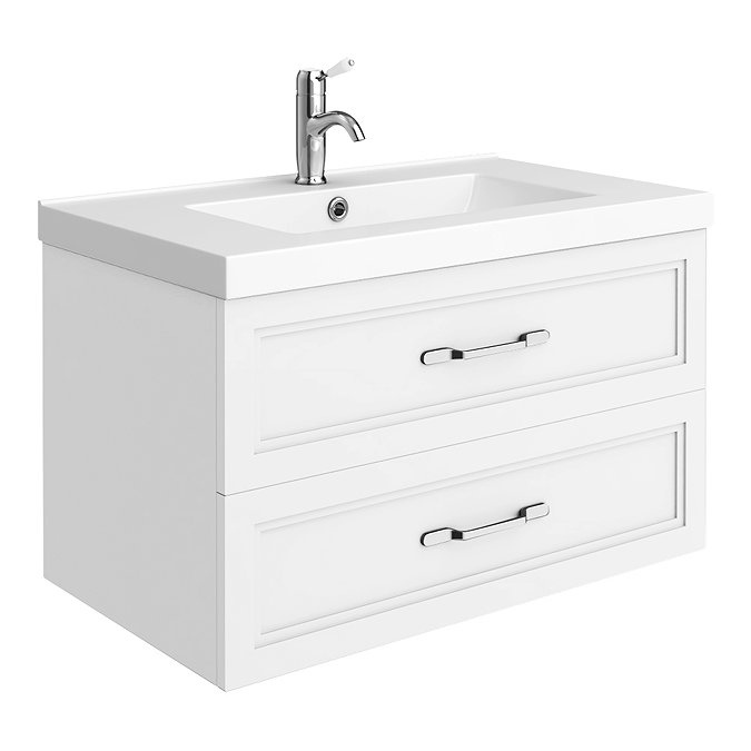 Period Bathroom Co. Wall Hung Vanity - Matt White - 800mm 2 Drawer with Chrome Handles Large Image